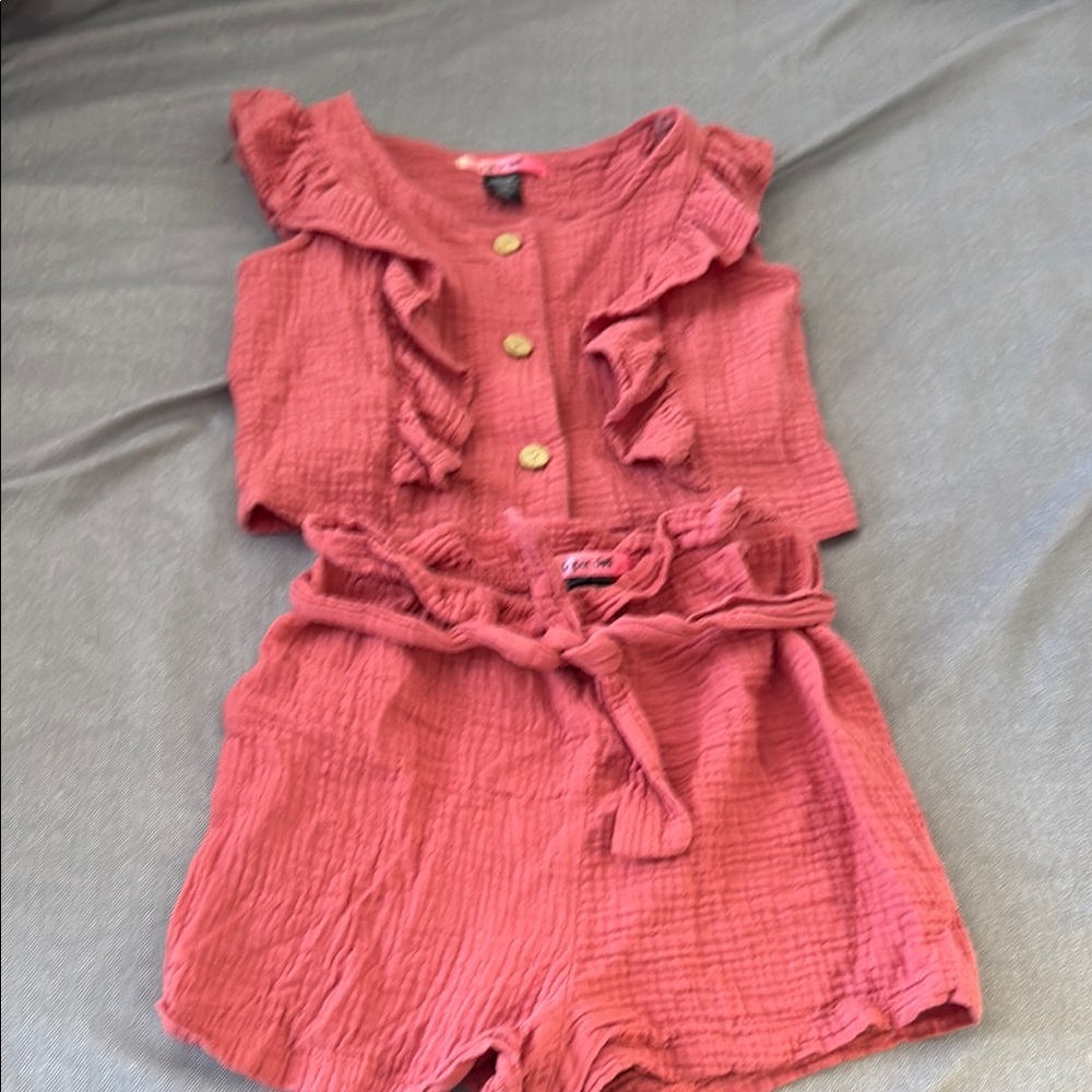 Paper Doll Pink Jumpsuit with Ruffled Sleeves and Fabric Belt